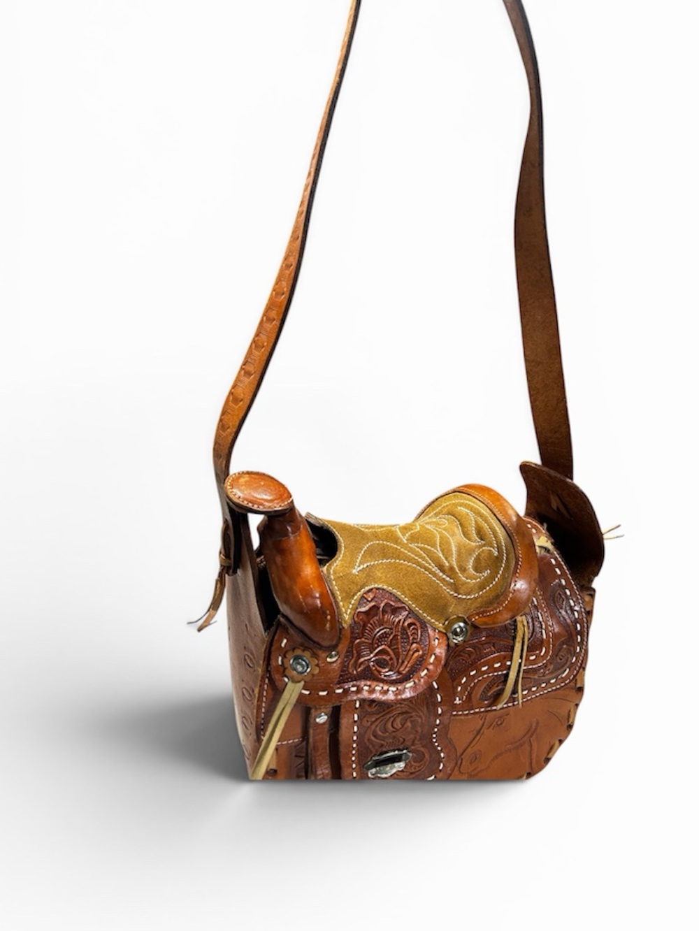 Western-Inspired Brown Leather Saddle Crossbody Bag